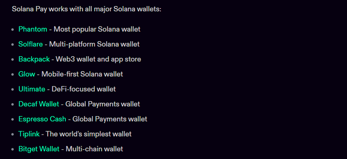The image lists major Solana wallets compatible with Solana Pay, including Phantom, Solflare, Backpack, Glow, Ultimate, Decaf Wallet, Espresso Cash, Tiplink, and Bitget Wallet, each with a brief description. It likely serves as a reference countering the claim that Phantom has dropped Solana Pay support, suggesting users have alternative wallet options if Phantom is experiencing issues.