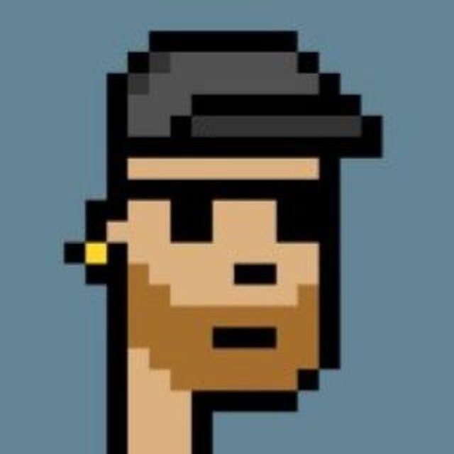 A pixel art portrait of a man with a beard wearing a dark hat and a yellow earring against a blue background.