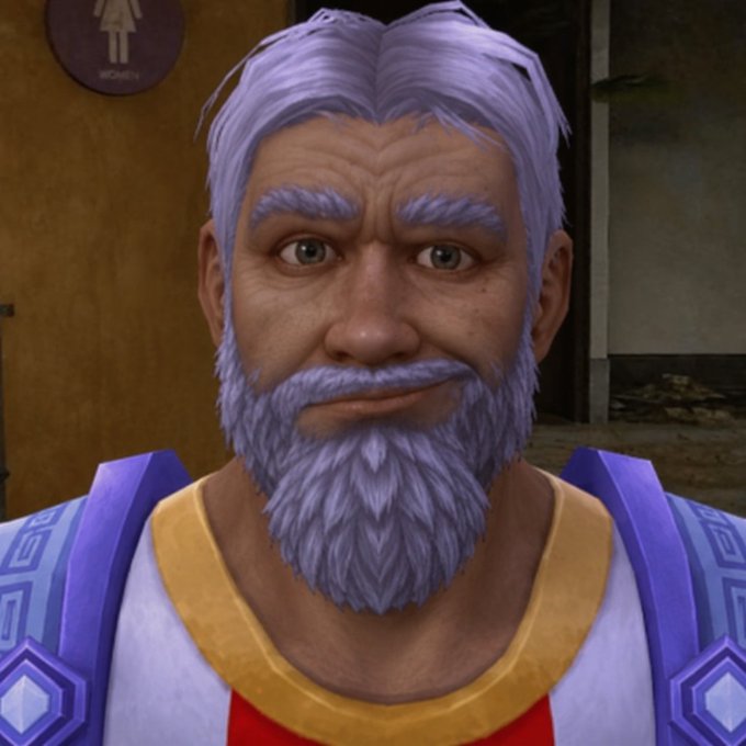 A video game character with tan skin, a purple beard and hair, and large eyebrows wears a colorful top, with a women's restroom sign visible in the background.