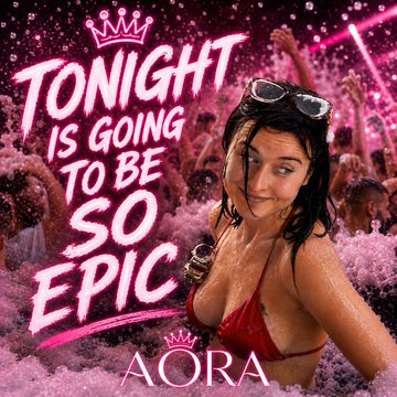 A pink-themed advertisement for 'AORA' featuring a woman in a red bikini with the text 'TONIGHT IS GOING TO BE SO EPIC'.