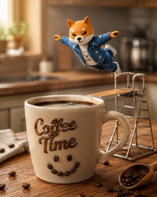 urn of water on a kitchen counter, with a coffee cup and ceramic figurine of a Shiba Inu dog wearing a blue jacket and white pants.