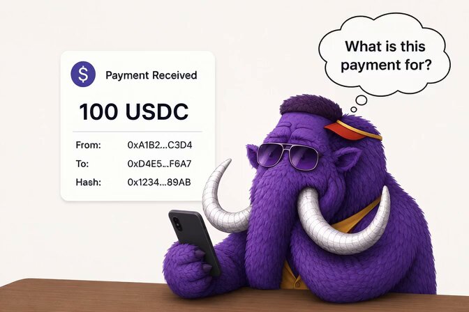 The image features a purple elephant sitting at a desk, holding a cell phone with its trunk. The elephant appears to be using the phone, possibly for communication or browsing purposes. In the background of the image, there are two text boxes that read "100 USDC received" and "What is this payment for?". These text boxes provide context about the payment made by the user.