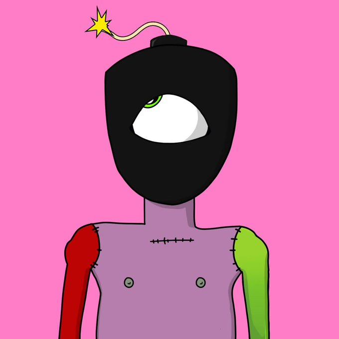 A cartoon illustration of a stitched-together figure with mismatched colored arms (red and green), a black mask with a single eye, a lit bomb fuse on its head, and visible nipple details, set against a pink background.