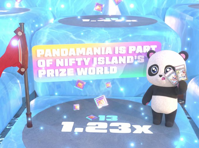 Promotional image for a game showing a panda character with the text 'PANDAMANIA IS PART OF NIFTY ISLAND'S PRIZE WORLD' and a multiplier of '1.23x'.