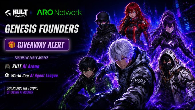 The promotional image features anime-style characters alongside text announcing a "Genesis Founders Giveaway Alert" by Kult Games and ARO Network, offering 30 exclusive early access whitelist spots to the KULT AI Agent platform, which includes the Kult AI Arena and World Cup AI Agent League, with the tagline "Experience the future of living AI agents."