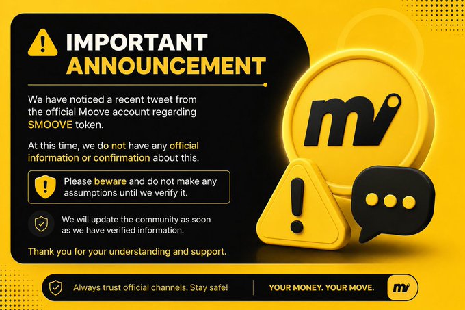 The image shows a warning sign with a yellow circle containing black text that reads "IMPORTANT ANNOUNCEMENT". The background of the image is yellow, which contrasts with the white text. Below the warning sign, there are three different shapes - a triangle, a speech bubble, and a dollar sign. These shapes appear to be related to the Moove community or the Moove token in some way.
