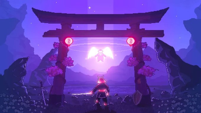 Pixel art illustration of a samurai character facing a glowing angelic figure beneath a torii gate, with red lanterns marking the path.
