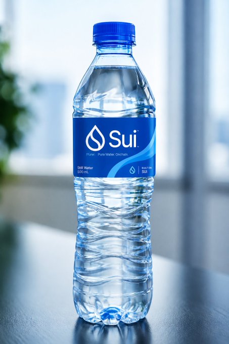A clear plastic water bottle with a blue label reading 'Sui' and 'SUI Water 500 mL' sitting on a table.
