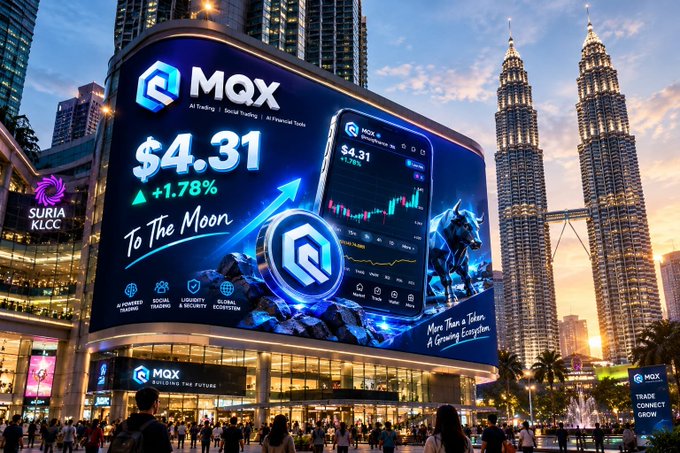 A digital billboard advertisement for 'MQX' trading platform displaying '$4.31 +1.78% To The Moon' with a wolf mascot, set against the KLCC Twin Towers in Kuala Lumpur.