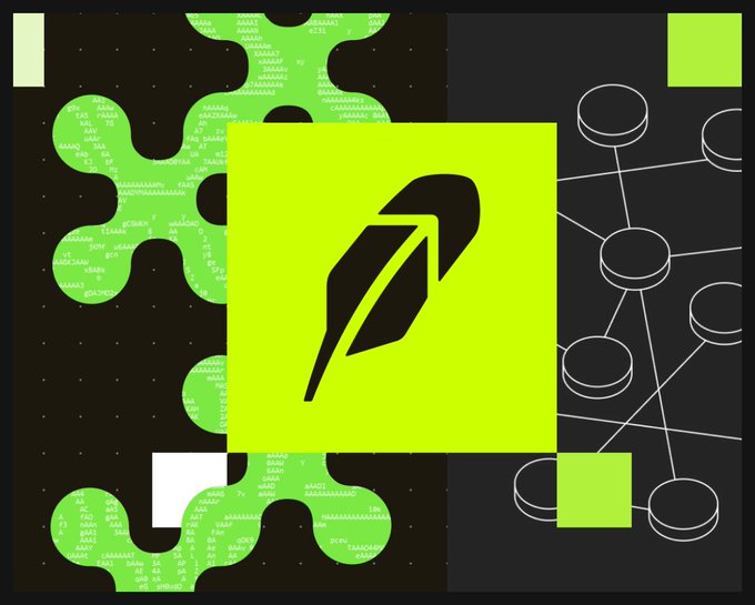 A graphic featuring the Robinhood feather logo centered on a bright green square, surrounded by abstract green blob shapes and white network/connection diagrams on a black background.