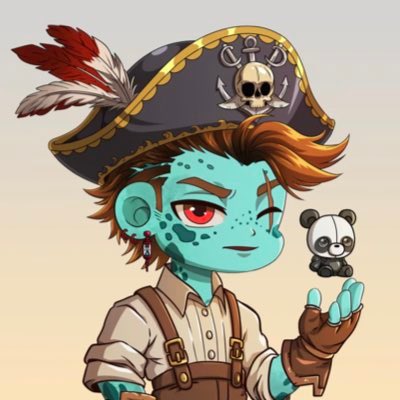 A stylized illustration shows a turquoise-skinned pirate character with red hair, a feathered tricorn hat, and a small panda companion sitting on their hand.