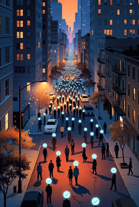 An illustration depicts a city street at dusk or dawn, with silhouettes of people walking, many marked with glowing blue checkmarks above their heads, suggesting a network or digital verification theme.