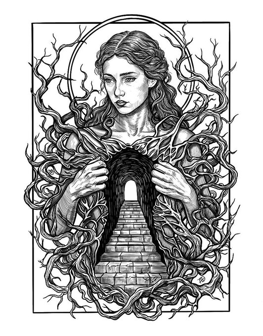 A black and white illustration of a woman surrounded by twisted branches and thorns, opening her chest to reveal a stone staircase leading to a glowing archway.