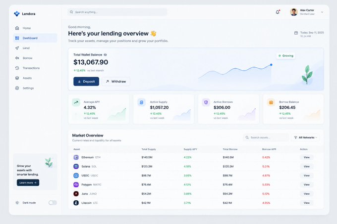 The image shows a Lendra dashboard interface featuring a personal lending overview with key metrics including a Total Wallet Balance of $13,067.90, Average APY of 4.32%, Active Supply of $1,057.20, Active Borrow of $306.00, and Borrow Balance of $206.45, along with a Market Overview listing crypto assets like Ethereum (ETH), Solana (SOL), USDC, Polygon (MATIC), Juno (JUNO), and Litecoin (LTC) with their respective supply APYs and borrow rates. This dashboard directly embodies the "Simplifying Digital Finance" tagline by presenting complex DeFi lending data—balances, yields, and borrowing positions—in a clean, organized, and easily digestible visual format, allowing users like verified Alex Carter to monitor and manage their digital assets at a glance.