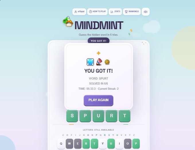A screenshot of the MindMint word game showing a 'YOU GOT IT!' victory screen with the word 'SPURT' solved in 6 tries, displaying play stats and letter availability.