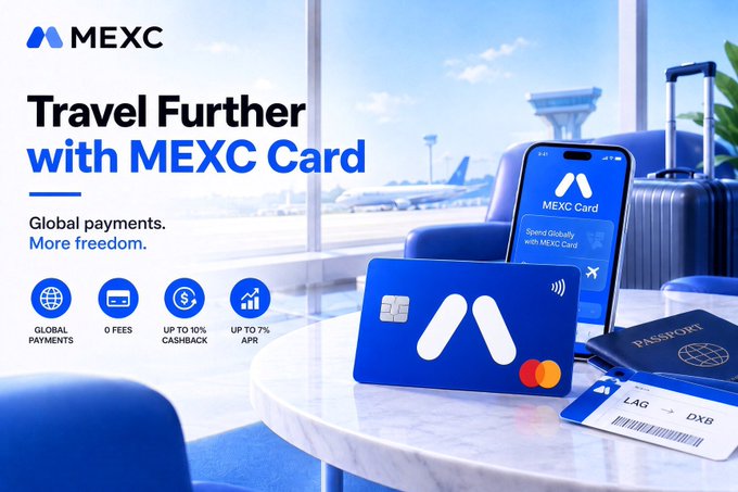 An advertisement for 'MEXC Card' showing a blue credit card on a table next to a phone displaying the app, luggage, and a boarding pass, with text highlighting 'Global payments. More freedom.' and benefits like '0 FEES' and 'UP TO 7% APR'.