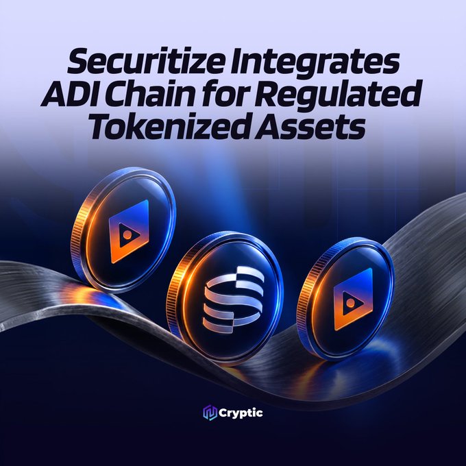 The image features a bold headline "Securitize Integrates ADI Chain for Regulated Tokenized Assets" displayed above three stylized 3D coins—two bearing the ADI Chain logo and one featuring a stack/coin design—resting on a flowing metallic ribbon, with the "Cryptic" branding at the bottom, visually representing the partnership announced in the post about Securitize expanding its tokenization infrastructure into the UAE through ADI Chain.