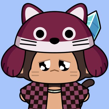 A cartoon illustration of a sad-looking character wearing a purple cat-eared hood with a crystal and a purple checkered outfit.
