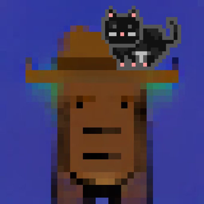 Pixel art illustration of a brown bear-like character wearing a hat, with a small black cat featuring a "T" on its chest perched on top.
