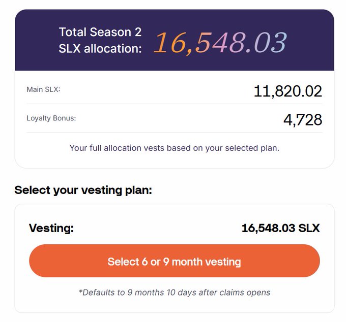 The image displays a Solstice Season 2 SLX token allocation dashboard showing a total of 16,548.03 SLX (broken into 11,820.02 Main SLX and 4,728 Loyalty Bonus), with a vesting plan selector offering 6 or 9 month options that defaults to 9 months 10 days after claims open—directly illustrating the user's decision between the shorter 6M plan with TVL maintenance requirements or the 9M plan without that obligation.