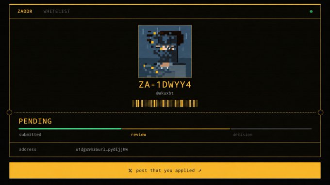 A pixel art avatar character named 'ZA-1DWYY4' by @ekuxbt appears in a ZADDR whitelist application with a pending review status bar.