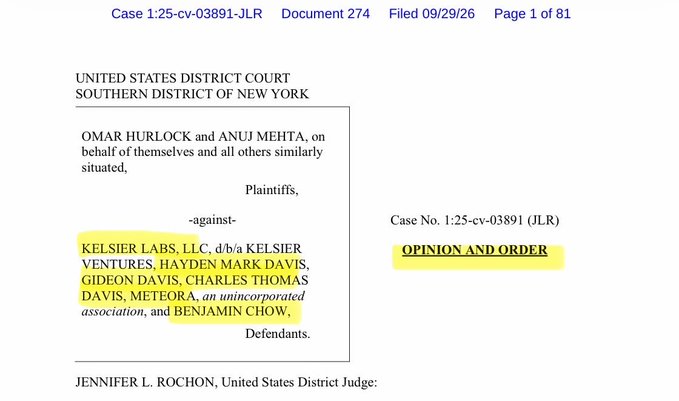 The image shows the first page of an 81-page Opinion and Order by Judge Jennifer L. Rochon (Case No. 1:25-cv-03891-JLR) in the U.S. District Court for the Southern District of New York, dismissing with prejudice the class action brought by plaintiffs Omar Hurlock and Anuj Mehta against Kelsier Labs, Hayden Davis, Gideon Davis, Charles Thomas Davis, Meteora, and Benjamin Chow—the very defendants referenced in the caption regarding the dismissed $LIBRA/$M3M3 RICO suit.