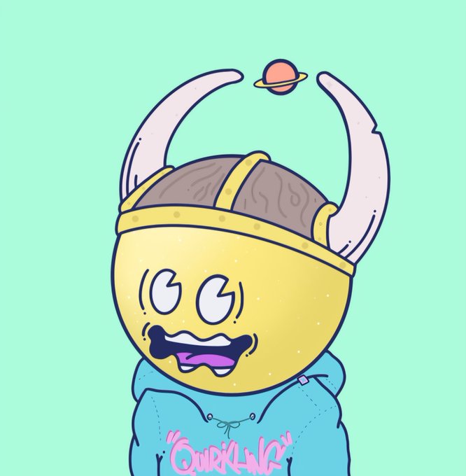 A cartoon illustration of a yellow character with a Viking helmet, mustache, and a small Saturn floating above, wearing a teal hoodie with 'Quirklund' written in pink graffiti letters.