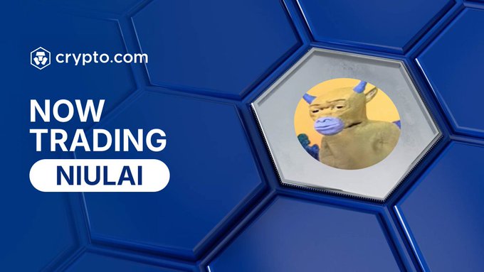 Crypto.com announces that Niulai ($NiuLai) is now trading on its app, featuring a promotional graphic with a honeycomb pattern, the Crypto.com logo, and a meme-style image of a cow wearing a face mask.