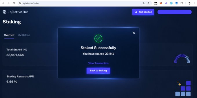 A screenshot of the Injective Hub Staking interface showing 'Staked Successfully' for 23 INJ, with Total Staked INJ of 53,901,464 and Staking Rewards APR of 6.66%.