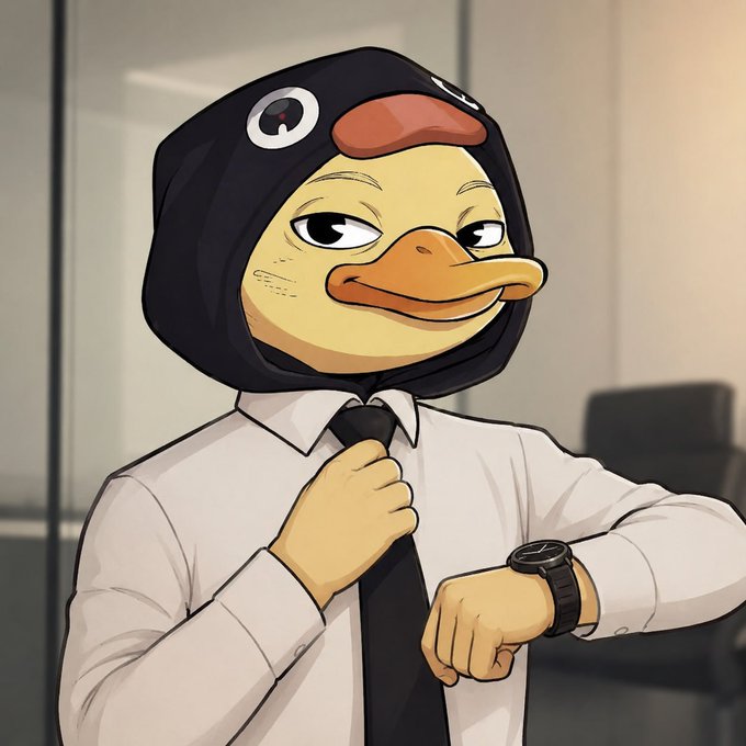 The image features a cartoon duck wearing a black and white suit, tie, and hooded hat with a face mask. The duck appears to be dressed up as a businessman or a professional, holding a watch and looking at his wristwatch while standing in front of a window. The post caption reads "gQuack fam @wallchain I have learned that the toughest days reveal the strongest believers Market crashes test patience confidence discipline but a supportive community makes the journey easier Grateful for fellow Quackers who stay positive united focused through every".
