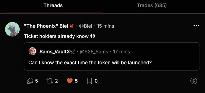 The image shows a social media post from "The Phoenix" Biel (@Biel) teasing "Ticket holders already know 👀" in response to Sams_VaultX asking about the exact launch time of a token. This relates to the accompanying post promoting a major Robinhood launch via @TheArena, suggesting Biel is a ticket holder hinting at insider knowledge about the upcoming token launch.