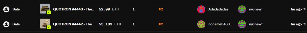 A screenshot of NFT listings showing "Sale" entries for QUOTRON #4443 at 52.00 ETH and QUOTRON #4442 at 53.199 ETH, both with #2 ranking.
