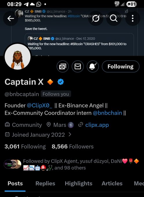 A Twitter/X profile page for "Captain X" (@bnbcaptain), founder of ClipX0 and former Binance community coordinator with 8,566 followers, displayed over a quote tweet of CZ's 2020 prediction about Bitcoin "crashing" from $101,000 to $85,000, reinforcing the post's praise of Captain X's honest and transparent reputation in the BNB Chain community.
