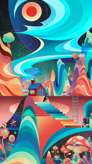 A vibrant surreal fantasy landscape with colorful rolling hills, winding paths, oversized mushrooms, tiny characters, and a dramatic swirling sky and sun.
