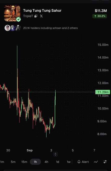 Chart for the 'Tung Tung Tung Sahur' meme token showing a market cap of $11.3M with a 30.2% increase and 20.1K holders on the TripleT platform.