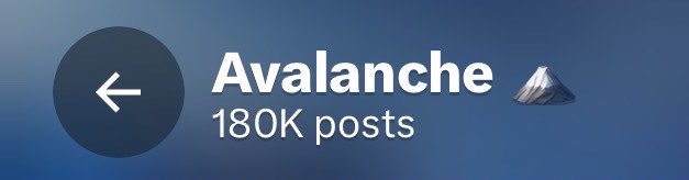A UI header showing the Avalanche logo with a back arrow and the text '180K posts' on a blue gradient background.