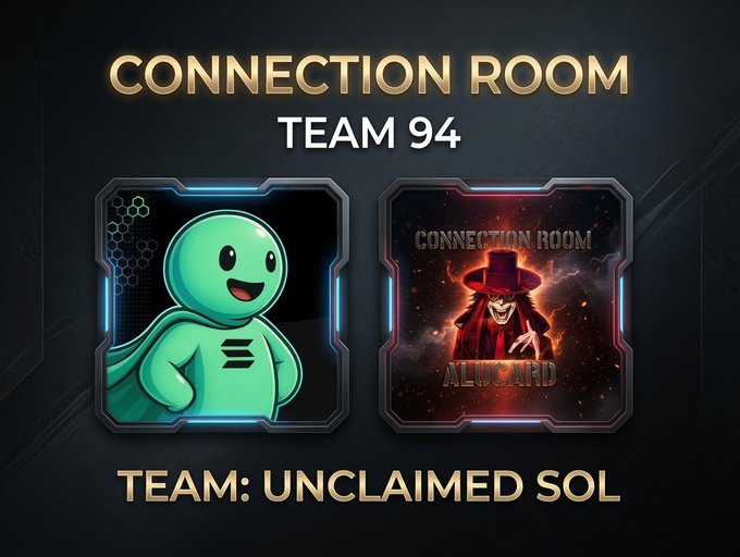 A promotional graphic for "Connection Room Team 94" featuring two framed character avatars—a teal smiling figure on the left and a red-cloaked figure on the right—alongside the text "TEAM: UNCLAIMED SOL," visually introducing the Unclaimed SOL dApp which scans wallets for locked SOL and unclaimed rewards.