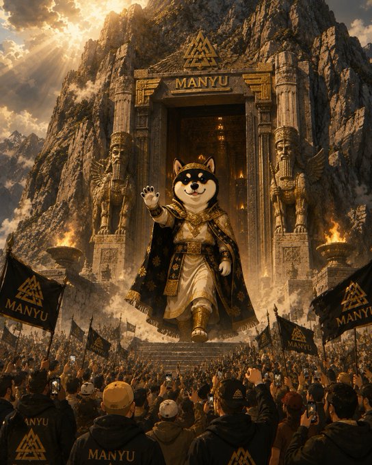 AI-generated fantasy illustration depicting an anthropomorphic Shiba Inu dog dressed as an emperor, descending from an ancient temple gate labeled 'MANYU' with an army and worshippers below.