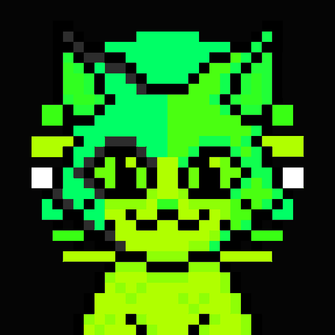 A pixel art style image of a green alien-like character with cat-like ears against a black background.