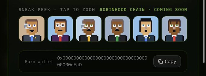 The image shows a "Sneak Peek" preview of the Robinhood Chain with six pixel-art character avatars and a burn wallet address (0x000000000000000000000000000000000dEaD). It appears to be a teaser for an upcoming NFT collection, possibly unrelated to or representing the new venture following the sell-off mentioned in the post.