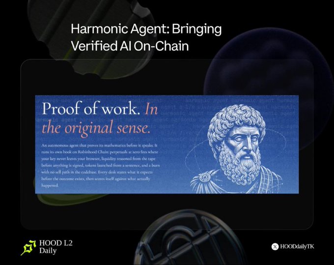 A promotional graphic titled 'Harmonic Agent: Bringing Verified AI On-Chain' with 'Proof of work. In the original sense.' featuring a classical bust illustration, branded by HOOD L2 Daily and HOODdailyTK.