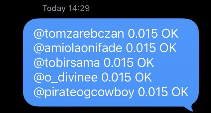 A text message screenshot from "Today 14:29" showing a blue chat bubble listing five Twitter handles (@tomzarebczan, @amiolaonifade, @tobirsama, @o_divinee, @pirateogcowboy) all with "0.015 OK" next to them. This appears to be a confirmation of 5 winners receiving 0.015 ZEC, though the post notes that one winner hasn't claimed yet and questions where the remaining 15 recipients of the same amount are.