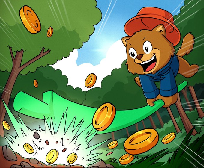 A cartoon illustration of an anthropomorphic brown dog/cat character wearing a red cap and blue hoodie, jumping excitedly as gold coins fly and burst from the ground.