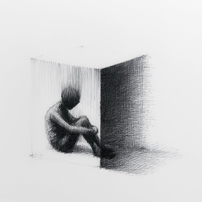 A pencil sketch depicting a solitary, hunched figure sitting inside a stark cubic enclosure, with dense crosshatching forming a dark wall behind them and faint lines suggesting rain. The image visually echoes the post's "Shape of Isolation" theme, portraying a person confined within their own psychological space.