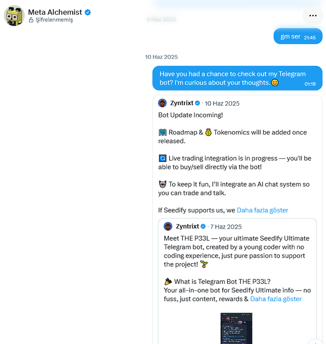 A Telegram chat interface showing messages from 'Meta Alchemist' and 'Zyntrix' discussing a Seedify Telegram bot called 'THE P33L', including updates about roadmap, tokenomics, live trading integration, and an AI chat system.