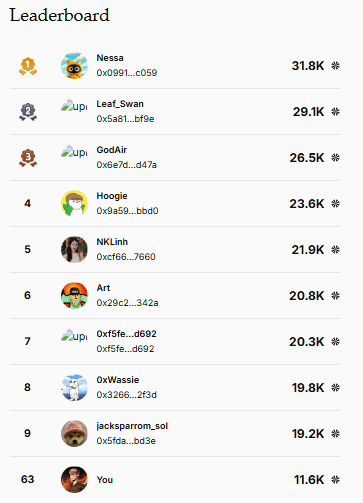 A 'Leaderboard' ranking list where 'Nessa' is in first place with 31.8K points, 'Leaf_Swan' is second with 29.1K, and the user labeled 'You' is ranked 63rd with 11.6K points.