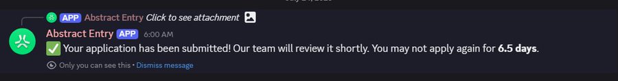 A Discord notification from the Abstract Entry app confirms that Rami's application has been submitted at 6:00 AM, with a message noting he may not reapply for 6.5 days. The screenshot visually reinforces his post about applying for a Quant role on day 435 of his AbstractChain journey, capturing the moment of submission after the long wait.