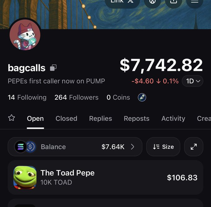 A user profile for "bagcalls" with the bio "PEPEs first caller now on PUMP" shows a portfolio balance of $7.64K, including a $106.83 holding of "The Toad Pepe" (10K TOAD). The image illustrates the post's claim of becoming a $TOAD holder, with the visible toad-themed token position corroborating the acquisition.
