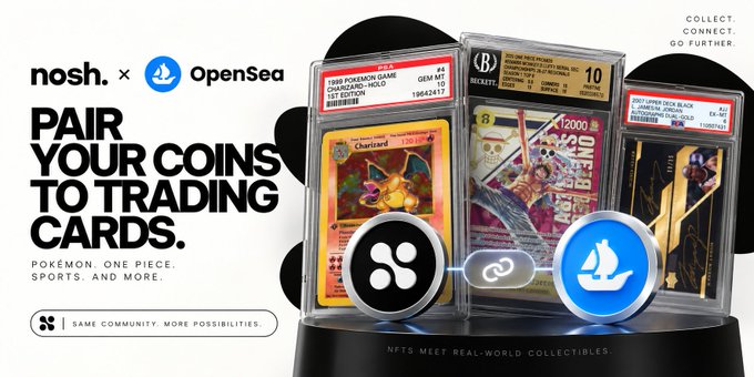 Promotional banner announcing a partnership between nosh and OpenSea, featuring the headline "PAIR YOUR COINS TO TRADING CARDS" alongside graded PSA 10 collectible cards including a 1999 Pokémon Game Charizard (Gem Mint 10, 1st Edition-Holo) and One Piece card, with visible text "POKÉMON. ONE PIECE. SPORTS. AND MORE." and "NFTS MEET REAL-WORLD COLLECTIBLES" at the bottom.

The image visually supports the post by showcasing example high-value graded trading cards (Pokémon and One Piece) that can now be tokenized through the new Nosh-OpenSea pairing feature, illustrating the "real-world collectibles" being bridged to NFTs.