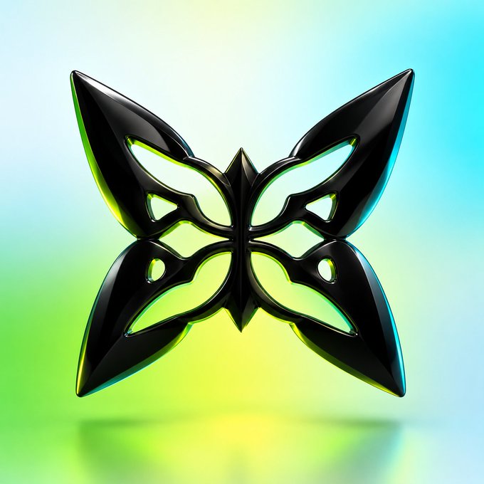 A 3D rendered glossy black butterfly-shaped object with green and yellow accents against a gradient green and blue background.